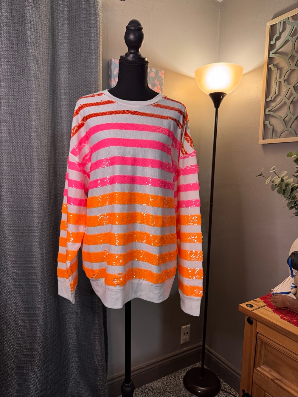BiBi White Long Sleeve with Pink & Orange Sequin Stripes
